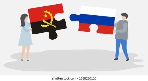 Couple holding two puzzles pieces with Angolan and Russian flags. Angola and Russia national symbols together.