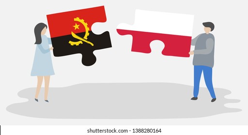 Couple holding two puzzles pieces with Angolan and Polish flags. Angola and Poland national symbols together.