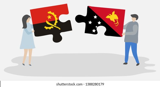 Couple holding two puzzles pieces with Angolan and Papuan flags. Angola and Papua New Guinea national symbols together.