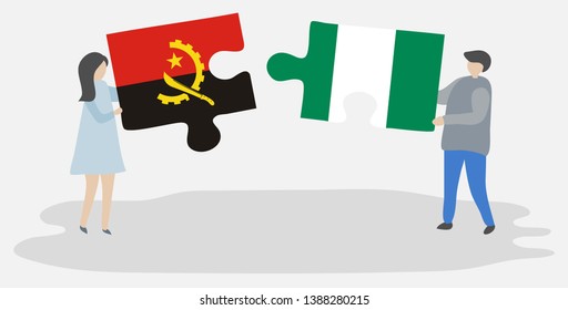 Couple holding two puzzles pieces with Angolan and Nigerian flags. Angola and Nigeria national symbols together.