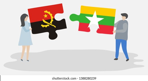 Couple holding two puzzles pieces with Angolan and Burmese flags. Angola and Myanmar national symbols together.