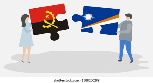 Couple holding two puzzles pieces with Angolan and Marshallese flags. Angola and Marshall Islands national symbols together.