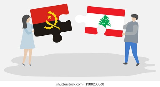 Couple holding two puzzles pieces with Angolan and Lebanese flags. Angola and Lebanon national symbols together.