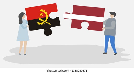 Couple holding two puzzles pieces with Angolan and Latvian flags. Angola and Latvia national symbols together.