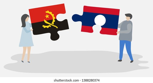 Couple holding two puzzles pieces with Angolan and Lao flags. Angola and Laos national symbols together.