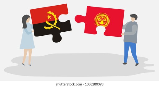 Couple holding two puzzles pieces with Angolan and Kirgiz flags. Angola and Kyrgyzstan national symbols together.