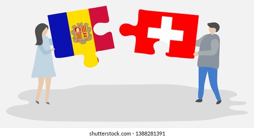 Couple holding two puzzles pieces with Andorran and Swiss flags. Andorra and Switzerland national symbols together.