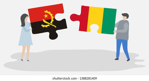 Couple holding two puzzles pieces with Angolan and Guinean flags. Angola and Guinea national symbols together.