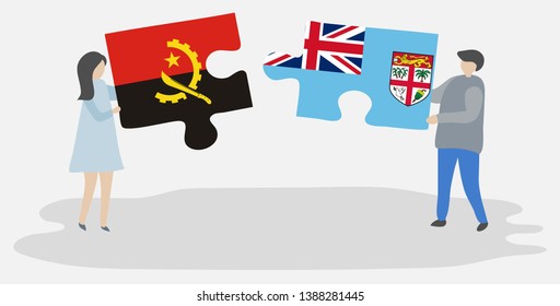 Couple holding two puzzles pieces with Angolan and Fijian flags. Angola and Fiji national symbols together.
