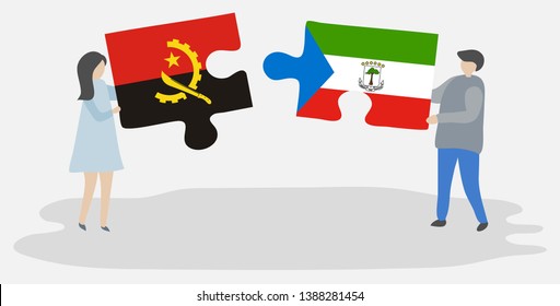 Couple holding two puzzles pieces with Angolan and Equatorial Guinean flags. Angola and Equatorial Guinea national symbols together.