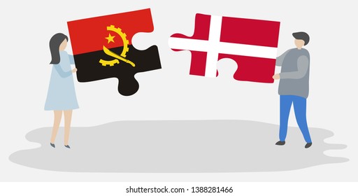 Couple holding two puzzles pieces with Angolan and Danish flags. Angola and Denmark national symbols together.