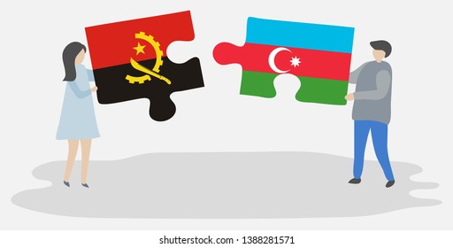 Couple holding two puzzles pieces with Angolan and Azerbaijani flags. Angola and Azerbaijan national symbols together.
