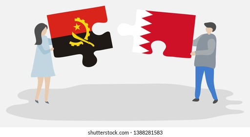 Couple holding two puzzles pieces with Angolan and Bahraini flags. Angola and Bahrain national symbols together.