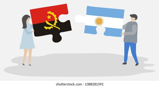 Couple holding two puzzles pieces with Angolan and Argentine flags. Angola and Argentina national symbols together.