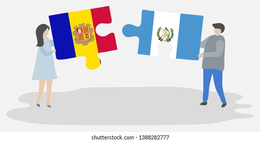 Couple holding two puzzles pieces with Andorran and Guatemalan flags. Andorra and Guatemala national symbols together.