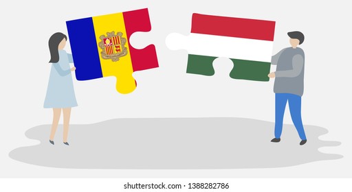 Couple holding two puzzles pieces with Andorran and Hungarian flags. Andorra and Hungary national symbols together.