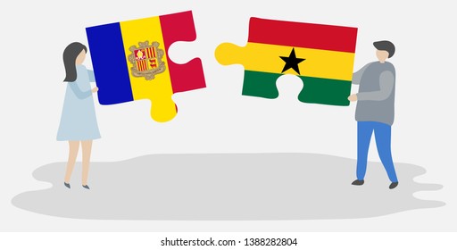 Couple holding two puzzles pieces with Andorran and Ghanaian flags. Andorra and Ghana national symbols together.