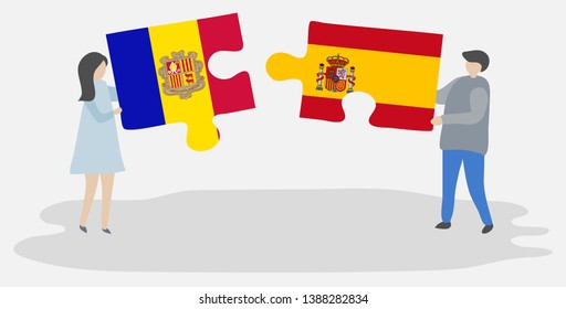 Couple holding two puzzles pieces with Andorran and Spanish flags. Andorra and Spain national symbols together.