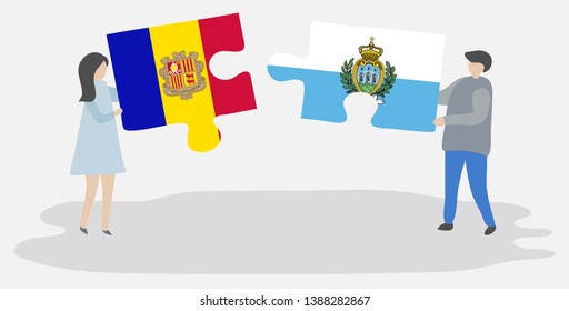 Couple holding two puzzles pieces with Andorran and Sammarinese flags. Andorra and San Marino national symbols together.