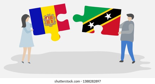 Couple holding two puzzles pieces with Andorran and Kittitian flags. Andorra and Saint Kitts and Nevis national symbols together.
