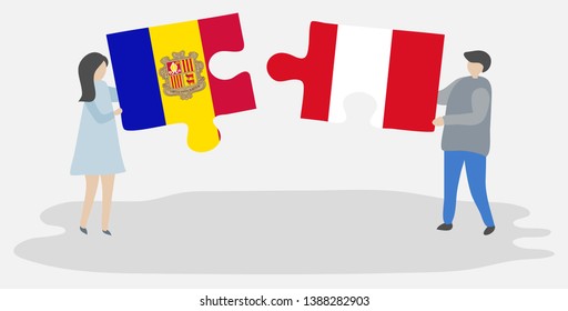 Couple holding two puzzles pieces with Andorran and Peruvian flags. Andorra and Peru national symbols together.