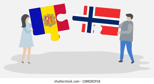 Couple holding two puzzles pieces with Andorran and Norwegian flags. Andorra and Norway national symbols together.