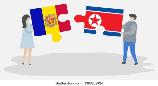 Couple holding two puzzles pieces with Andorran and North Korean flags. Andorra and North Korea national symbols together.