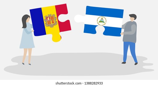 Couple holding two puzzles pieces with Andorran and Nicaraguan flags. Andorra and Nicaragua national symbols together.