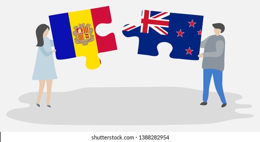 Couple holding two puzzles pieces with Andorran and NZ flags. Andorra and New Zealand national symbols together.
