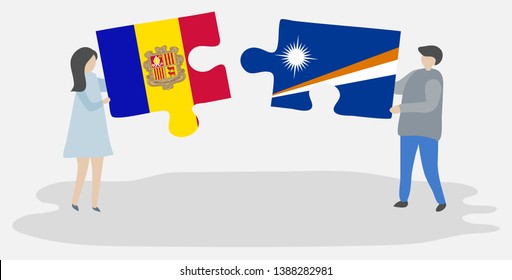 Couple holding two puzzles pieces with Andorran and Marshallese flags. Andorra and Marshall Islands national symbols together.