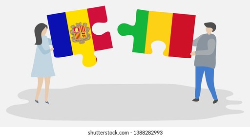 Couple holding two puzzles pieces with Andorran and Malian flags. Andorra and Mali national symbols together.