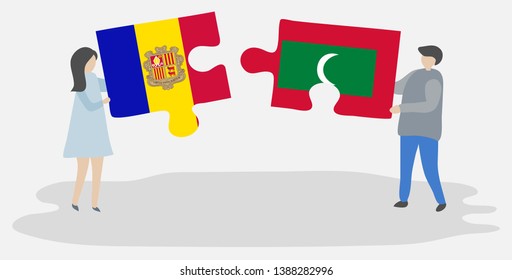 Couple holding two puzzles pieces with Andorran and Maldivian flags. Andorra and Maldives national symbols together.
