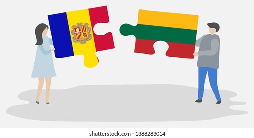 Couple holding two puzzles pieces with Andorran and Lithuanian flags. Andorra and Lithuania national symbols together.