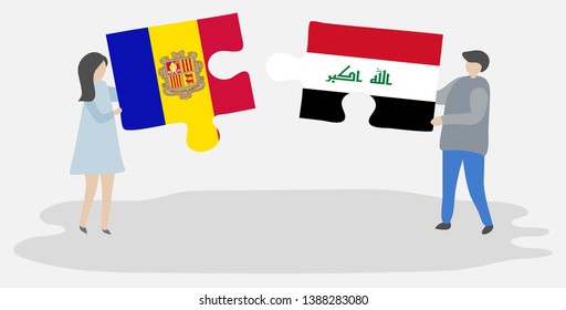Couple holding two puzzles pieces with Andorran and Iraqi flags. Andorra and Iraq national symbols together.