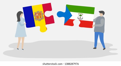 Couple holding two puzzles pieces with Andorran and Equatorial Guinean flags. Andorra and Equatorial Guinea national symbols together.