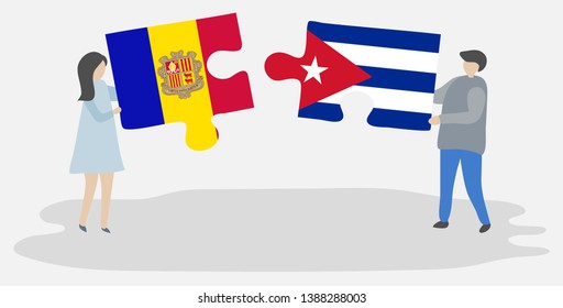 Couple holding two puzzles pieces with Andorran and Cuban flags. Andorra and Cuba national symbols together.