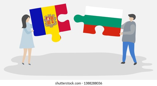 Couple holding two puzzles pieces with Andorran and Bulgarian flags. Andorra and Bulgaria national symbols together.