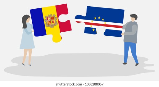 Couple holding two puzzles pieces with Andorran and Cabo Verdean flags. Andorra and Cape Verde national symbols together.