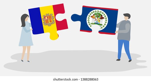 Couple holding two puzzles pieces with Andorran and Belizean flags. Andorra and Belize national symbols together.