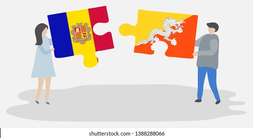 Couple holding two puzzles pieces with Andorran and Bhutanese flags. Andorra and Bhutan national symbols together.