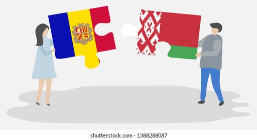 Couple holding two puzzles pieces with Andorran and Belarusian flags. Andorra and Belarus national symbols together.