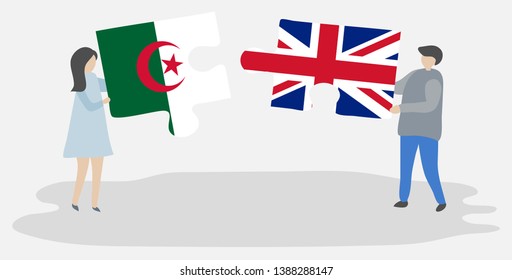 Couple holding two puzzles pieces with Algerian and British flags. Algeria and United Kingdom national symbols together.