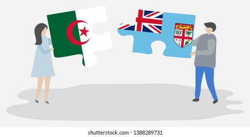 Couple holding two puzzles pieces with Algerian and Fijian flags. Algeria and Fiji national symbols together.