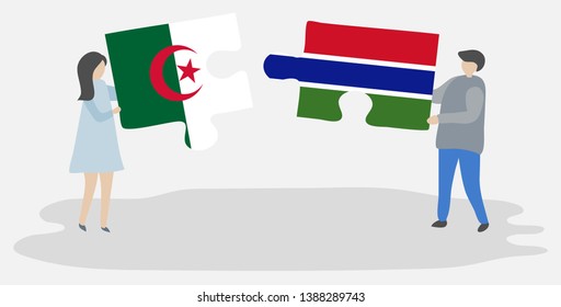 Couple holding two puzzles pieces with Algerian and Gambian flags. Algeria and Gambia national symbols together.