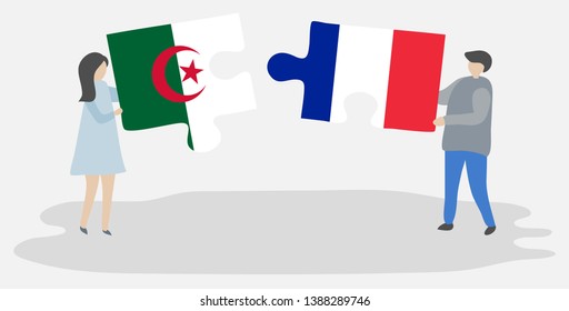 Couple holding two puzzles pieces with Algerian and French flags. Algeria and France national symbols together.