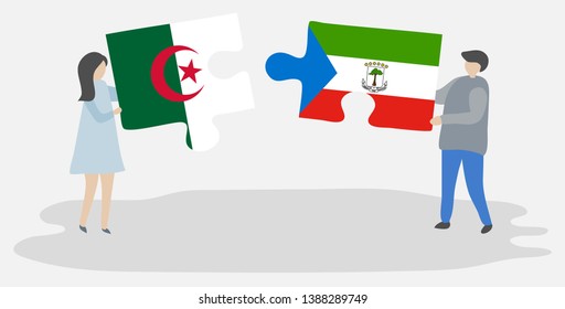 Couple holding two puzzles pieces with Algerian and Equatorial Guinean flags. Algeria and Equatorial Guinea national symbols together.