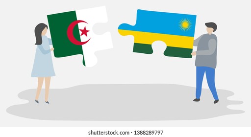 Couple holding two puzzles pieces with Algerian and Rwandan flags. Algeria and Rwanda national symbols together.