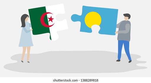 Couple holding two puzzles pieces with Algerian and Palauan flags. Algeria and Palau national symbols together.