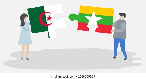 Couple holding two puzzles pieces with Algerian and Burmese flags. Algeria and Myanmar national symbols together.