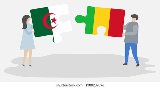 Couple holding two puzzles pieces with Algerian and Malian flags. Algeria and Mali national symbols together.